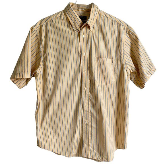 Roundtree & Yorke Yellow Blue Stripes Short Sleeve Button Down Shirt Men’s Large - Picture 2 of 8